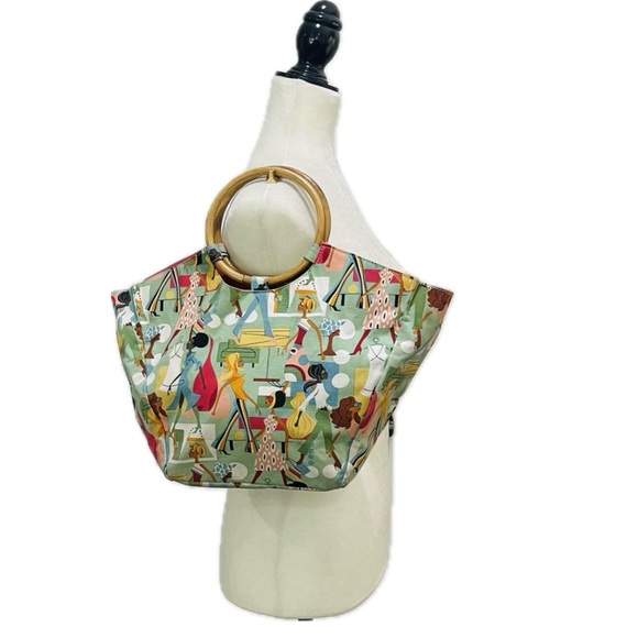 Neiman Marcus Mod Print Handbag with Bamboo Handles - Picture 3 of 10